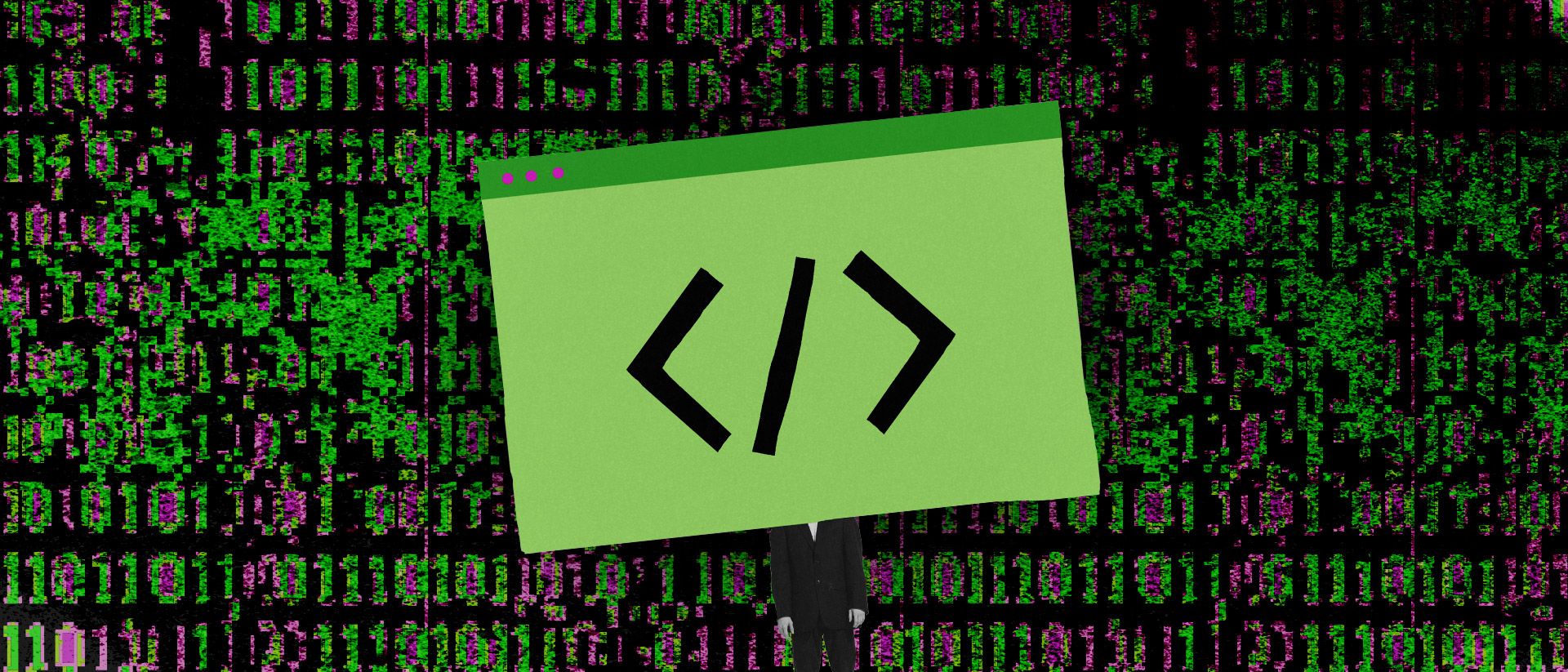 A green and black graphic with binary and html code.