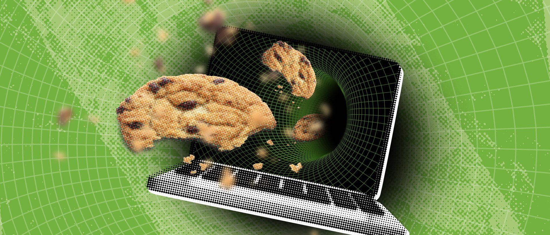 Cookies flying from a digital portal on a laptop’s screen.