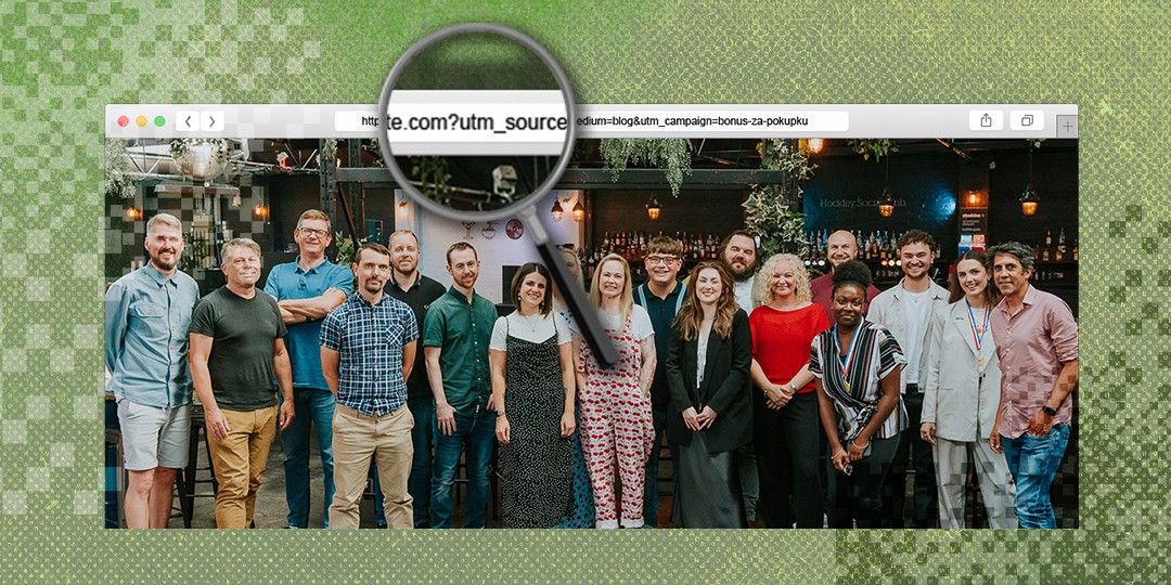 A banner of the Brew team. Above it, a magnifying glass zooms in on the UTM source in the URL.