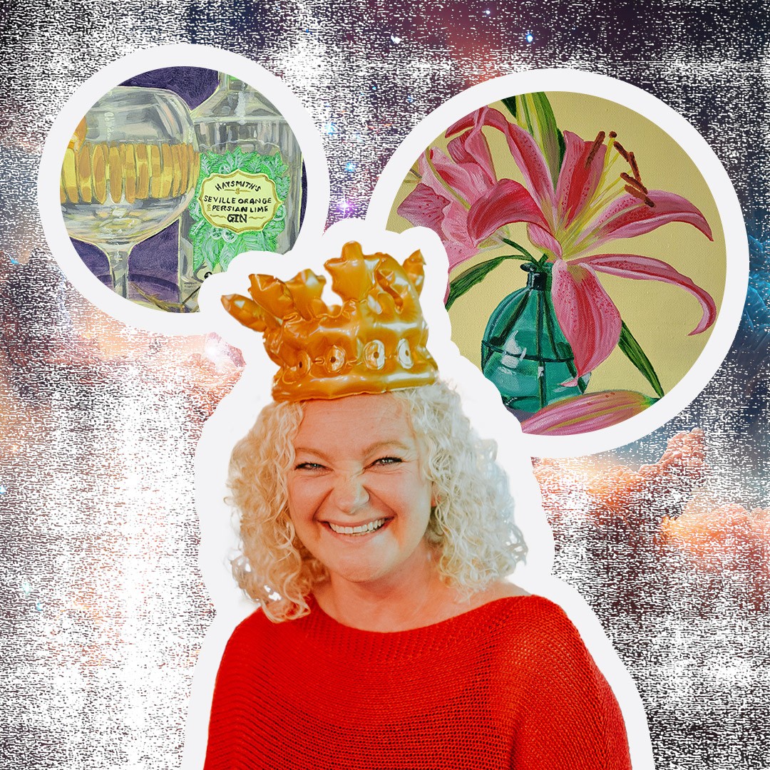 3 polaroid images showing artwork created by Amanda, this includes 2 pink lilies in a blue vase, a pencil drawing of a woman’s face, and a glass and bottle of gin.