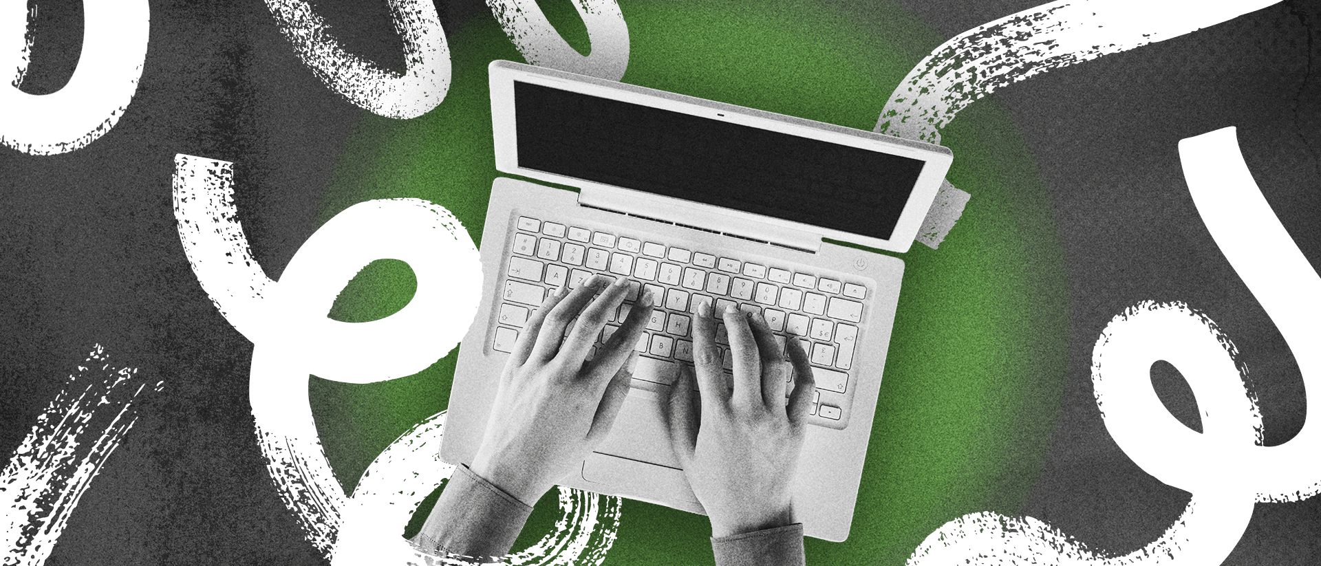 Hands typing on a white laptop keyboard, viewed from above, with a green glow in the background and abstract white brushstroke patterns surrounding the scene.