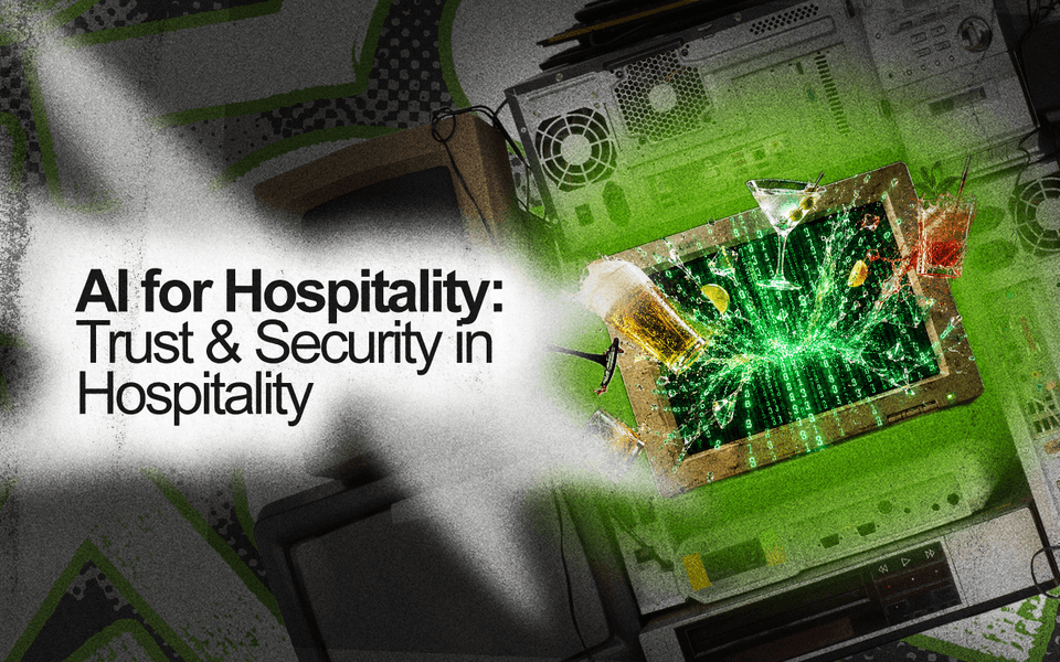 "AI for Hospitality: Trust & Security in Hospitality" next to a monitor spewing out binary code and pub drinks.