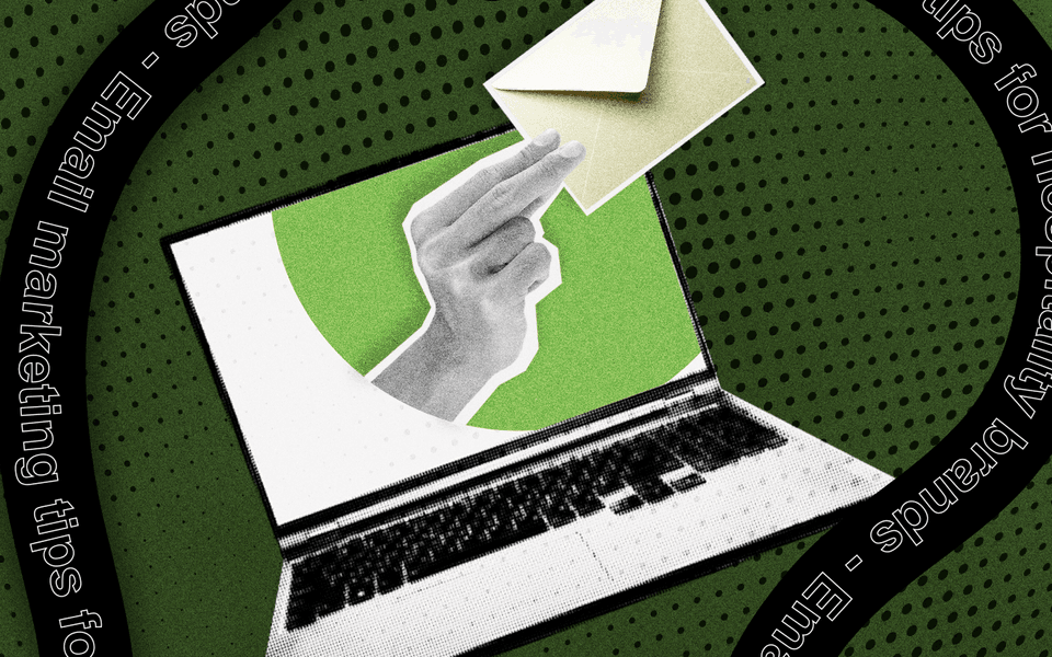 A stylised graphic shows a hand holding an envelope emerging from a laptop screen, set against a green circular background. Surrounding text reads “Email marketing tips for hospitality brands” in a repeating ring.