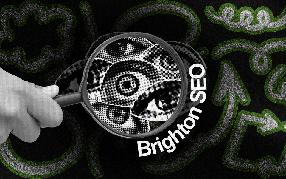 A magnifying glass over disconnected eyes; curving around the magnifying glass is “Brighton SEO.”