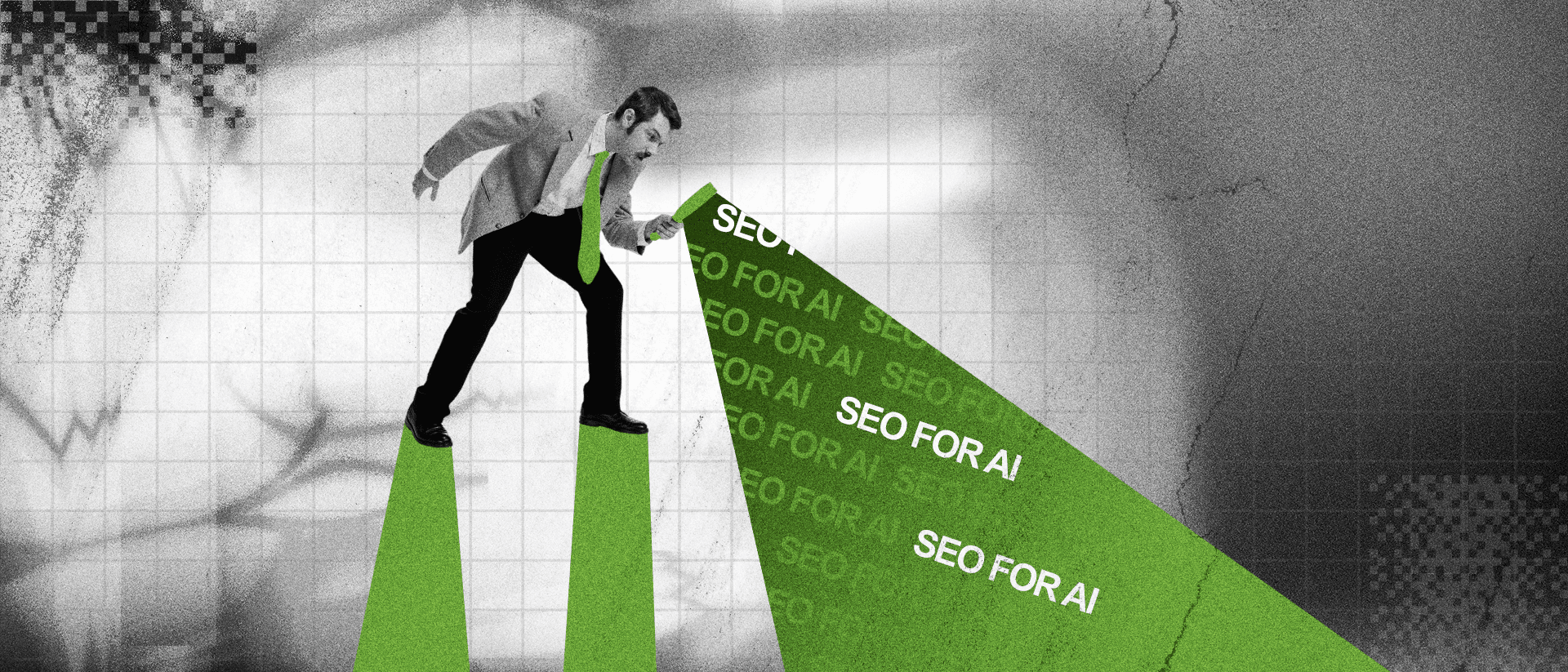 A man in a suit using a magnifying glass to reveal SEO FOR AI in its beam.