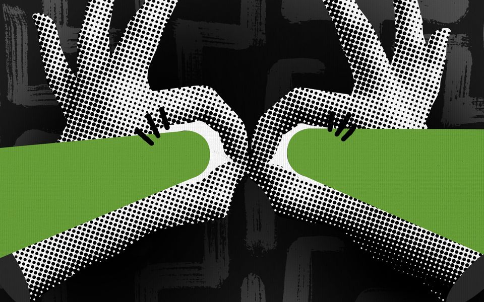 Hands in the shape of binoculars, with green beams shooting out of them.